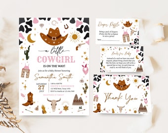 Editable Cowgirl Baby Shower Invitation Bundle, Little Cowgirl Rodeo Baby Shower Invite Set, Pink Western Wild West Baby Shower Invite, 0728