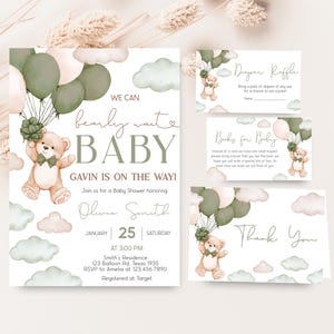 Editable We Can Bearly Wait Baby Shower Invitation Bundle, Green Boho Bear Balloon Baby Shower Invite, Neutral Bear Baby Shower Invite 01030