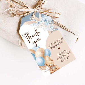 Editable Bear Baby Shower Favor Tag, We Can Bearly Wait Boho Baby Shower Gift Tag, Blue Balloon Arch Boy Baby Shower Thank You Tags, 0690 image 3