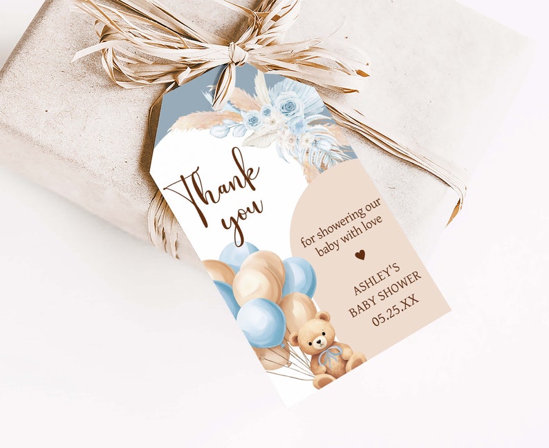 Editable Bear Baby Shower Favor Tag, We Can Bearly Wait Boho Baby Shower Gift Tag, Blue Balloon Arch Boy Baby Shower Thank You Tags, 0690 image 3