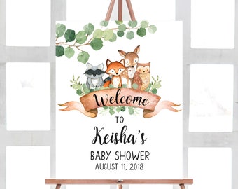 Znak powitalny Woodland Baby Shower, Znak powitalny Woodland Baby Shower, Znak Woodland Baby Shower, Znak do druku Woodland, Dekoracja zwierząt 0056