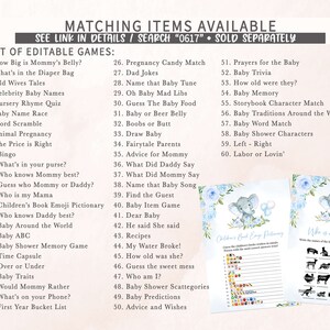 Może przedstawiać: Zestaw drukowanych gier na baby shower w niebiesko-białym kolorze. Gry obejmują "How Big is Mommy's Belly?", "What's in the Diaper Bag", "Old Wives Tales", "Celebrity Baby Names", "Nursery Rhyme Quiz", "Baby Name Race", "Word Scramble", "Animal Pregnancy", "The Price is Right", "Bingo", "What's in your purse?", "Who knows Mommy best?", "Guess who Mommy or Daddy?", "Who is my Mama", "Children's Book Emoji Pictionary", "Who knows Daddy best?", "Baby Around the World", "Baby ABC", "Baby Shower Memory Game", "Time Capsule", "Over or Under", "Baby Traits", "Would Mommy Rather", "What's on your Phone?", "First Year Bucket List", "Pregnancy Candy Match", "Dad Jokes", "Name that Baby Tune", "Oh Baby Mad Libs", "Guess The Baby Food", "Baby or Beer Belly", "Boobs or Butt", "Draw Baby", "Fairytale Parents", "Advice for Mommy", "What Did Daddy Say", "What Did Mommy Say", "Name that Baby Song", "Find the Guest", "Baby Item Game", "Dear Baby", "He said She said", "Recipes", "My Water Broke!", "How old was she?", "Guess the sweet mess", "Who am I?", "Baby Shower Scattegories", "Baby Predictions", "Advice and Wishes", "Prayers for the Baby", "Baby Trivia", "How old were they?", "Baby Memory", "Storybook Character Match", "Baby Traditions Around the World", "Baby Word Match", "Baby Shower Characters", "Left - Right", "Labor or Lovin'".