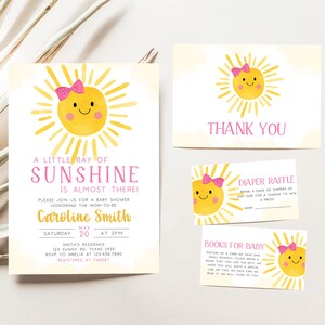Editable Girl Sunshine Baby Shower Invitation Bundle, A Little Ray of Sunshine Baby Shower Invite Set, Pink Sun Baby Shower Invitation, 0254