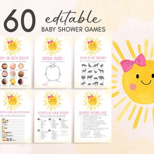 Editable Girl Sunshine Baby Shower Games Bundle, A Little Ray of Sunshine Baby Shower Game Pack, Pink Sun Baby Shower Games Template, 0254