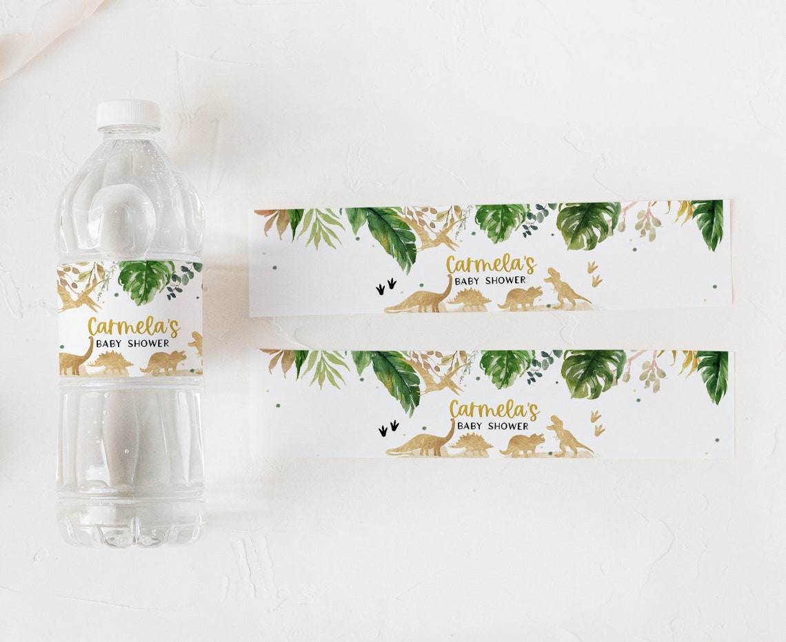 Editable Dinosaur Baby Shower Water Bottle Labels Gold Dino - Etsy