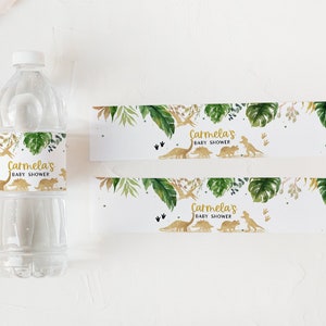 Editable Dinosaur Baby Shower Water Bottle Labels, Gold Dino Baby ...