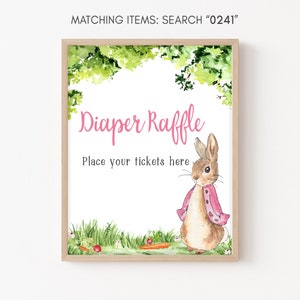 Diaper Raffle Sign Pink Peter Rabbit Baby Shower Girl Rustic Bunny Baby Shower Diaper Game Sign Spring Garden Party Printable Template 0241