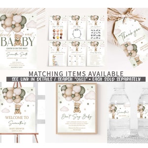 May include: A set of printable baby shower decorations featuring a cute bear holding balloons. The decorations include a welcome sign, a don't say baby sign, water bottle labels, and a thank you tag. The theme is 'bearly wait' and the colors are green, brown, and white.