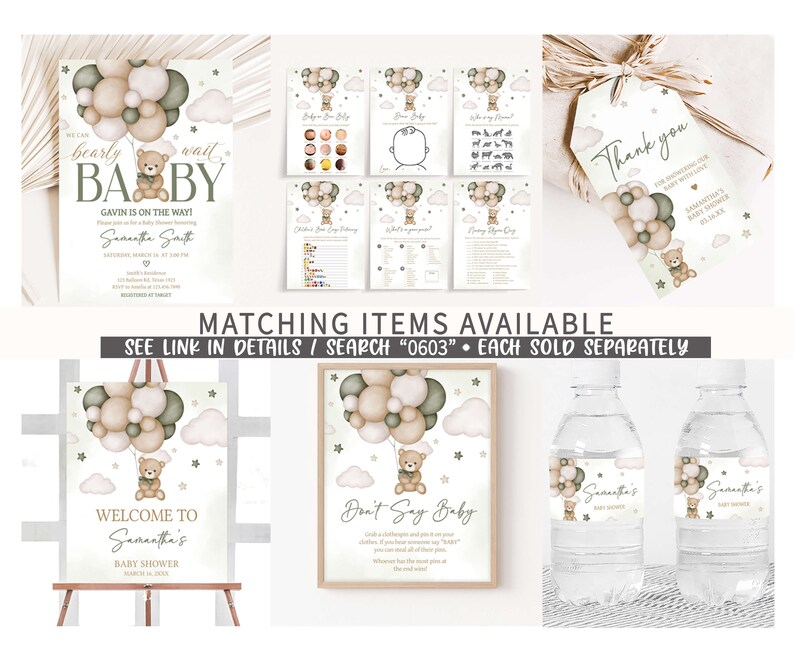 May include: A set of printable baby shower decorations featuring a cute bear holding balloons. The decorations include a welcome sign, a don't say baby sign, water bottle labels, and a thank you tag. The theme is 'bearly wait' and the colors are green, brown, and white.