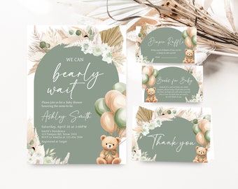 Editable Gender Neutral Bear Baby Shower Invitation Bundle, Green Bear Boho Baby Shower Invite Set, Sage Green Balloons Baby Shower, 0693