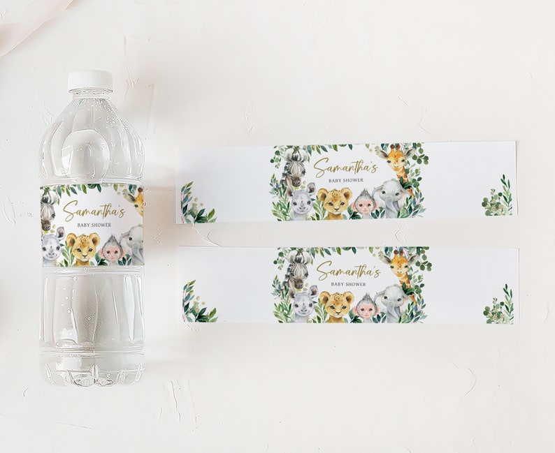 Editable A Little Wild One Baby Shower Bottle Label, Jungle Safari Baby Shower Water Labels, Greenery Safari Animals Bottle Stickers, 0601 image 3