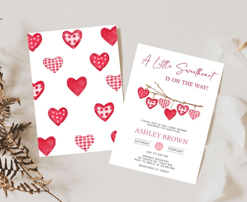 Editable Valentine Baby Shower Invitation, A Little Sweetheart Baby Shower Invite, Pink Red Hearts Baby Shower Invitation Template, 0588 image 2