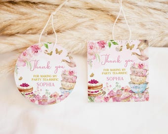 Editable Tea Party Birthday Round Favor Tag, Floral Tea Party Gifts Tag, Let's Par-tea Birthday Tags, Pink Gold Whimsical Tea Party Tag 41BD