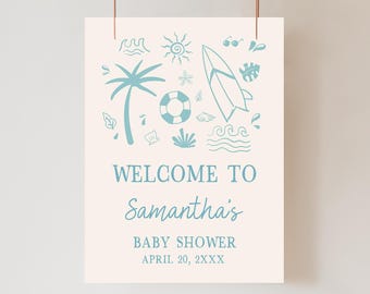 Editable Blue Baby on Board Baby Shower Welcome Sign, Boy Beach Summer Baby Shower Welcome Poster, Beach Surfing Baby Shower Sign, 01050