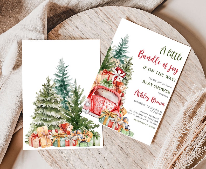 Editable A Little Bundle of Joy Baby Shower Invitation, Christmas Baby Shower Invite, Santa Baby Christmas Truck Baby Shower Invite, 0551 image 2