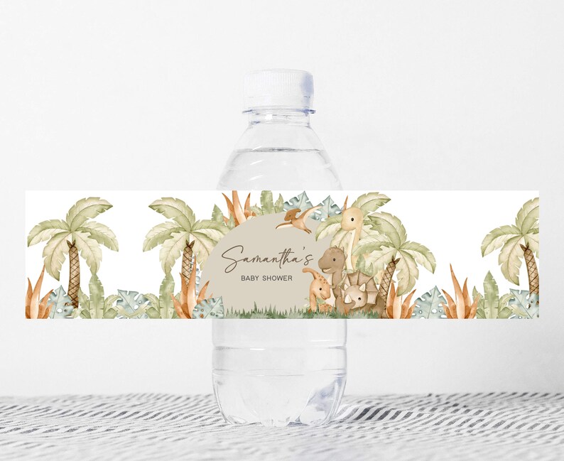 Editable Dinosaur Baby Shower Bottle Label, Baby Dinosaur Boho Baby Shower Water Label, Gender Neutral Dino Baby Shower Bottle Sticker, 0666 image 1