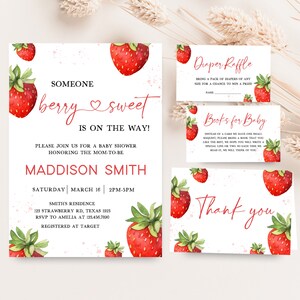 Editable Strawberry Baby Shower Invitation Bundle, Minimalist Red Strawberry Baby Shower Invite Set, Berry Sweet Baby Shower Invite, 0631 image 1