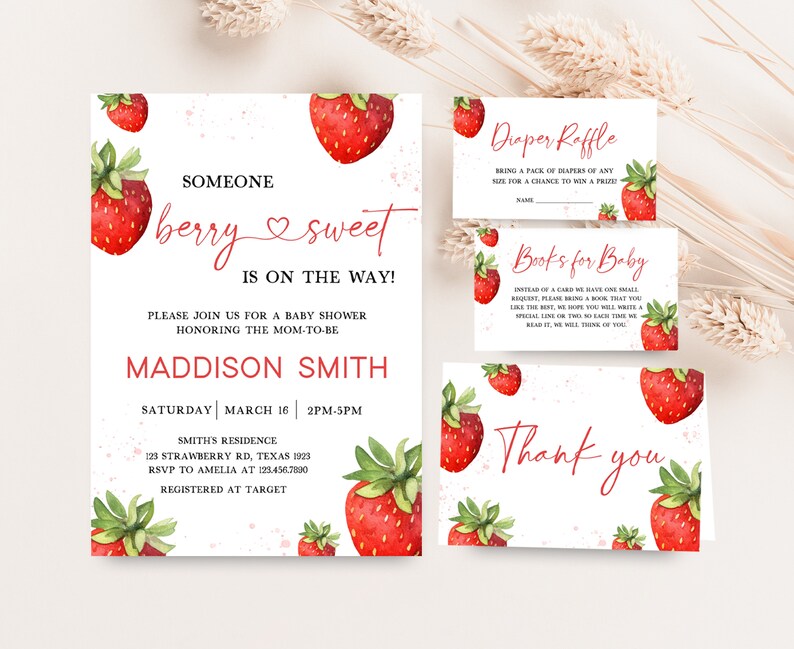 Editable Strawberry Baby Shower Invitation Bundle, Minimalist Red Strawberry Baby Shower Invite Set, Berry Sweet Baby Shower Invite, 0631 image 1