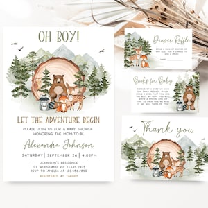 Editable Let the Adventure Begin Baby Shower Invitation Bundle, Forest Woodland Baby Shower Invite Set, Boy Adventure Invitation Pack, 0495