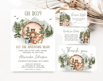 Editable Let the Adventure Begin Baby Shower Invitation Bundle, Forest Woodland Baby Shower Invite Set, Boy Adventure Invitation Pack, 0495