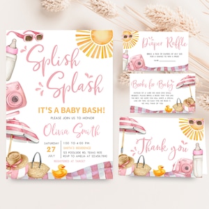 Editable Girl Beach Baby Shower Invitation Bundle, Splish Splash Baby Bash Baby Shower Invite Set, Pink Beach Summer Baby Shower Invite 0744