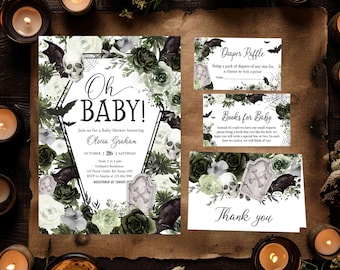 Editable Floral Gothic Halloween Baby Shower Invitation Bundle, Gender Neutral Skull Baby Shower Invite Set, Vampire Coffin Bats Invite 0950