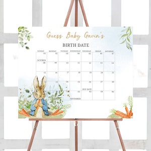 Bearbeitbarer Peter Rabbit Fälligkeitsdatumskalender, Blauer Peter Rabbit Babypartykalender, Rustikaler Junge Peter Rabbit Babypartyspiel, 0625