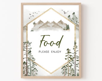 Let the Adventure Begin Baby Shower Food Sign Pine Trees Baby Shower Sign Mountain Food Table Sign Woodland Theme Printable Template  0194