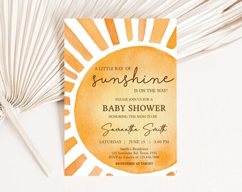 Faire-part de baby shower modifiable Boho Sunshine, invitation de baby shower fille soleil, modèle d'Invitation de baby shower un petit rayon de soleil, 0754