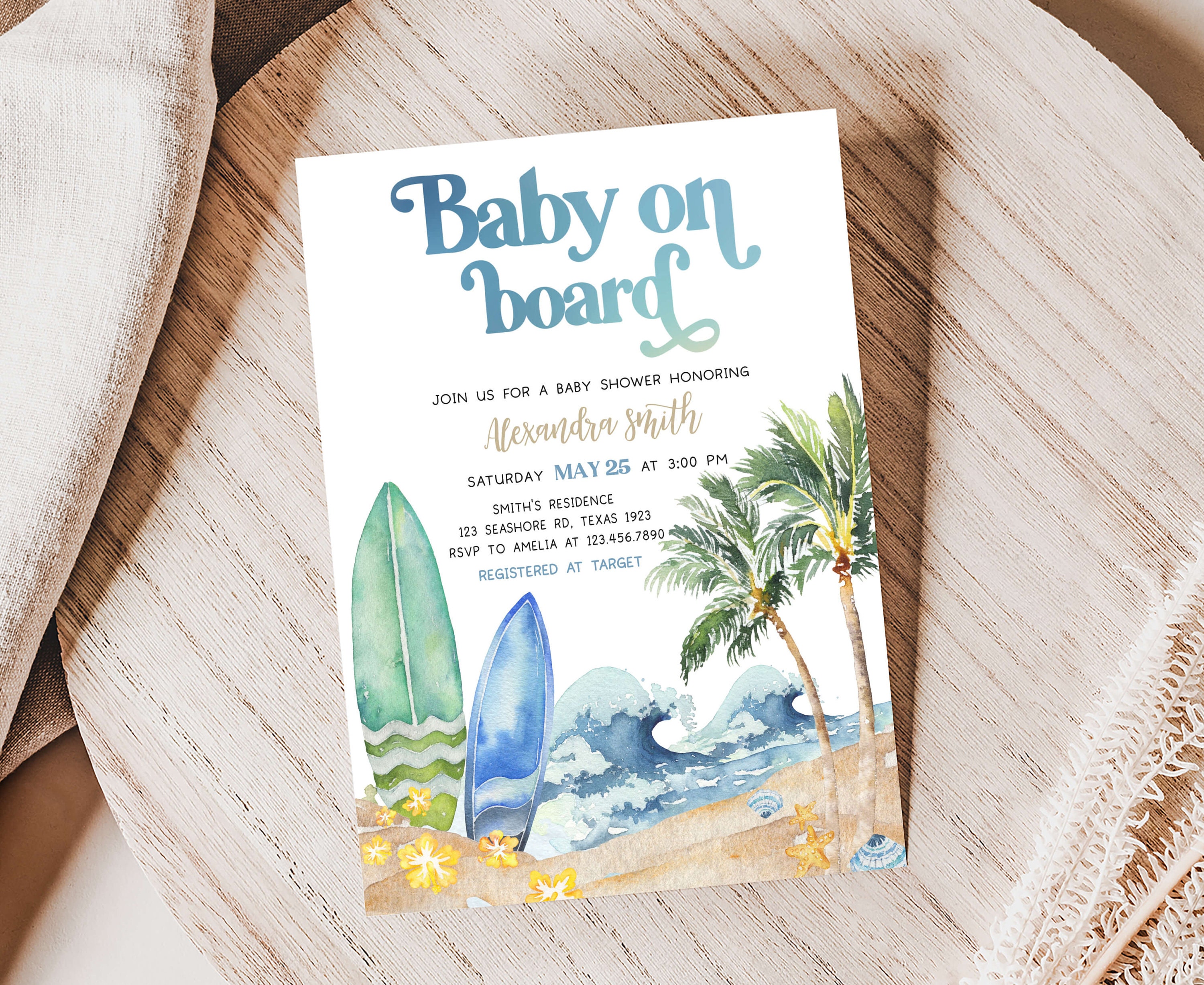 Editable Baby on Board Baby Shower Invitation, Surf Board Beach Baby Shower Invite, Surfing Summer Boy Baby Shower Invitation Template, 0677