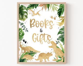 Dinosaur Baby Shower Books and Gifts Sign, Gold Dino Baby Shower Gifts Table Sign Greenery Dino Baby Shower Decorations Boy Template  0178