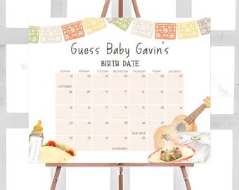 May include: A printable baby shower game with a calendar for guests to guess the baby's birth date. The calendar is decorated with a guitar, a bottle, a taco, and a sombrero. The text on the sign reads "Guess Baby Gavin's Birth Date".
