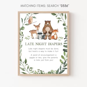 Late Night Diapers Sign Woodland Baby Shower Woodland Animals Baby Shower Diaper Thoughts Sign Greenery Wild Animals Printable Template 0336