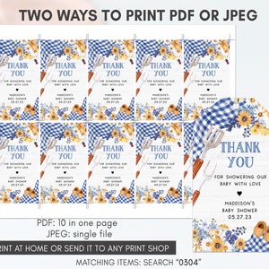 May include: Ten blue and white gingham favor tags with sunflowers and a gardening tool design. The text on the tags reads "Thank You for showering our baby with love" with the name Madison's Baby Shower and the date 05.27.23.