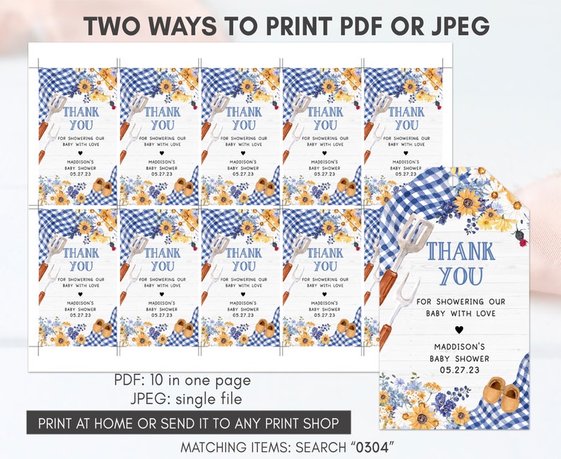 May include: Ten blue and white gingham favor tags with sunflowers and a gardening tool design. The text on the tags reads "Thank You for showering our baby with love" with the name Madison's Baby Shower and the date 05.27.23.