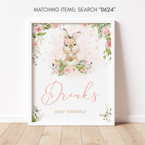 Bunny Girl Baby Shower Drink Sign, Pink Floral Baby Shower Drinks Table Sign, A Little Bunny Rabbit Spring Baby Shower Decoration Sign, 0624