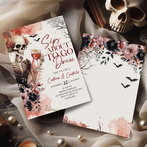 a Halloween-themed invitation with a skeleton, flowers, and bats. The invitation is for a costume party on November 22 at Brown Residence, Texas, from 7:30 to 8:30.
