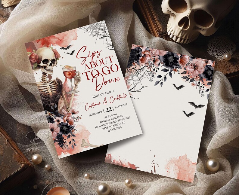 a Halloween-themed invitation with a skeleton, flowers, and bats. The invitation is for a costume party on November 22 at Brown Residence, Texas, from 7:30 to 8:30.
