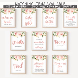 K&ouml;nnte beinhalten: Druckbare Schilder f&uuml;r eine Babyparty mit rosafarbenen Blumenmustern. Die Schilder beinhalten Titel wie "Babys sind s&uuml;&szlig;", "B&uuml;cher & Geschenke", "Windel-Tombola", "Getr&auml;nke", "Die Adresse der werdenden Mutter", "Geschenke", "Essen", "Sp&auml;tnachts-Windeln", "Mimosabar" und "Sag nicht Baby".