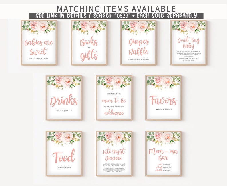 K&ouml;nnte beinhalten: Druckbare Schilder f&uuml;r eine Babyparty mit rosafarbenen Blumenmustern. Die Schilder beinhalten Titel wie "Babys sind s&uuml;&szlig;", "B&uuml;cher & Geschenke", "Windel-Tombola", "Getr&auml;nke", "Die Adresse der werdenden Mutter", "Geschenke", "Essen", "Sp&auml;tnachts-Windeln", "Mimosabar" und "Sag nicht Baby".