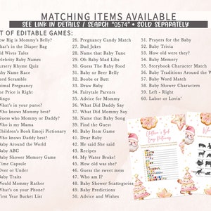May include: A printed sheet with a list of 60 editable baby shower games, including "How Big is Mommy's Belly?" and "Baby Trivia." The image also shows matching game sheets with festive illustrations.