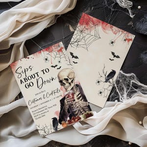 a Halloween-themed invitation card with a skeleton and bat motif, along with text and a spider web design.