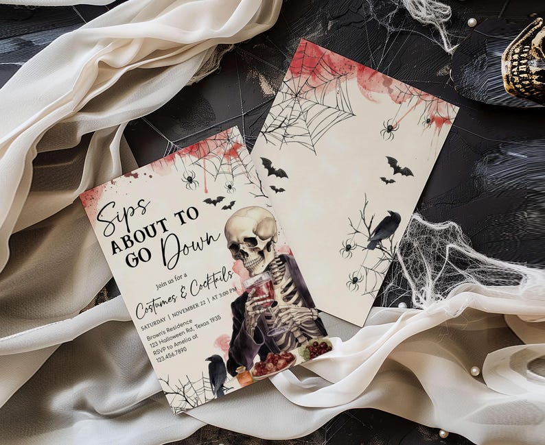 a Halloween-themed invitation card with a skeleton and bat motif, along with text and a spider web design.