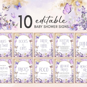 May include: A set of ten editable baby shower signs with a butterfly and floral design. The signs have a purple and gold color scheme and include text such as "Babies are Sweet", "Books & Gifts", and "Drinks".