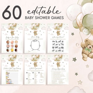 Bewerkbare genderneutrale bundel babyshowerspelletjes beer, We Can Bearly Wait spelpakket babyshower, groene beer-ballonnen Babyshowerspellen, 0604 afbeelding 1