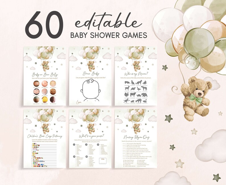 Bewerkbare genderneutrale bundel babyshowerspelletjes beer, We Can Bearly Wait spelpakket babyshower, groene beer-ballonnen Babyshowerspellen, 0604 afbeelding 1