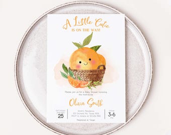 Editable A Little Cutie Baby Shower Invitation, Orange Baby Shower Invite, Clementine Gender Neutral Citrus Baby Shower Invitation, 01005