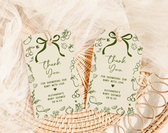 Bearbeitbarer Lokal gewachsener Babyparty-Bevorzugungsanhänger, Bio-Bauernmarkt-Babyparty-Geschenkanhänger, Hand gezeichnet, lokal gewachsenes Baby Dankeschön-Tag 01108