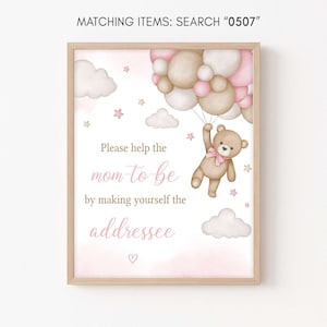 Envelope Station Sign Pink Girl Bear Baby Shower, We Can Bearly Wait Baby Shower Addressee Sign, Pink Balloon Bear Girl Baby Shower, 0507