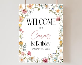 Editable Little Wildflower Birthday Party Welcome Sign, Wildflower Party Welcome Poster, Floral First Birthday Sign, Garden Party Sign, 39BD